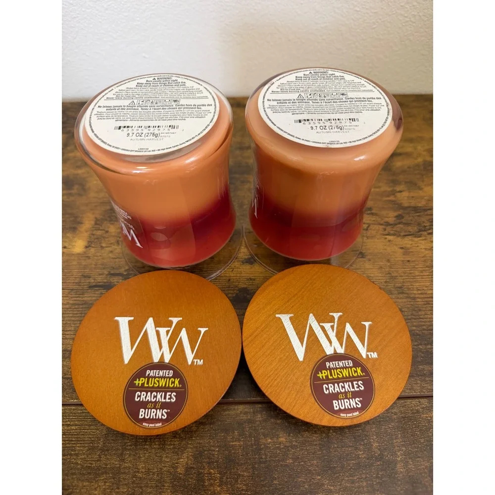 WoodWick Autumn Harvest Trilogy Candle Set of 2 Apple Pumpkin 9.7oz Hourglass